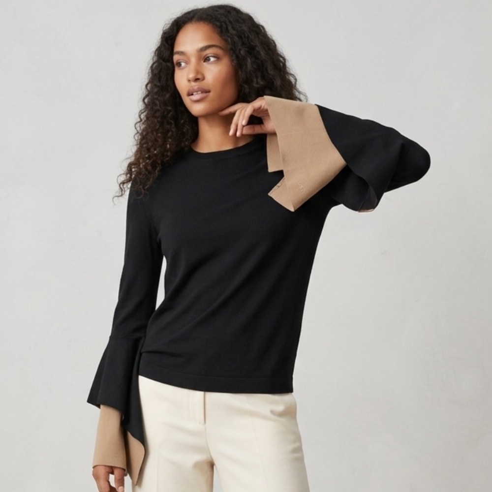 COS Black with two-tone fluted sleeves crewneck sweater